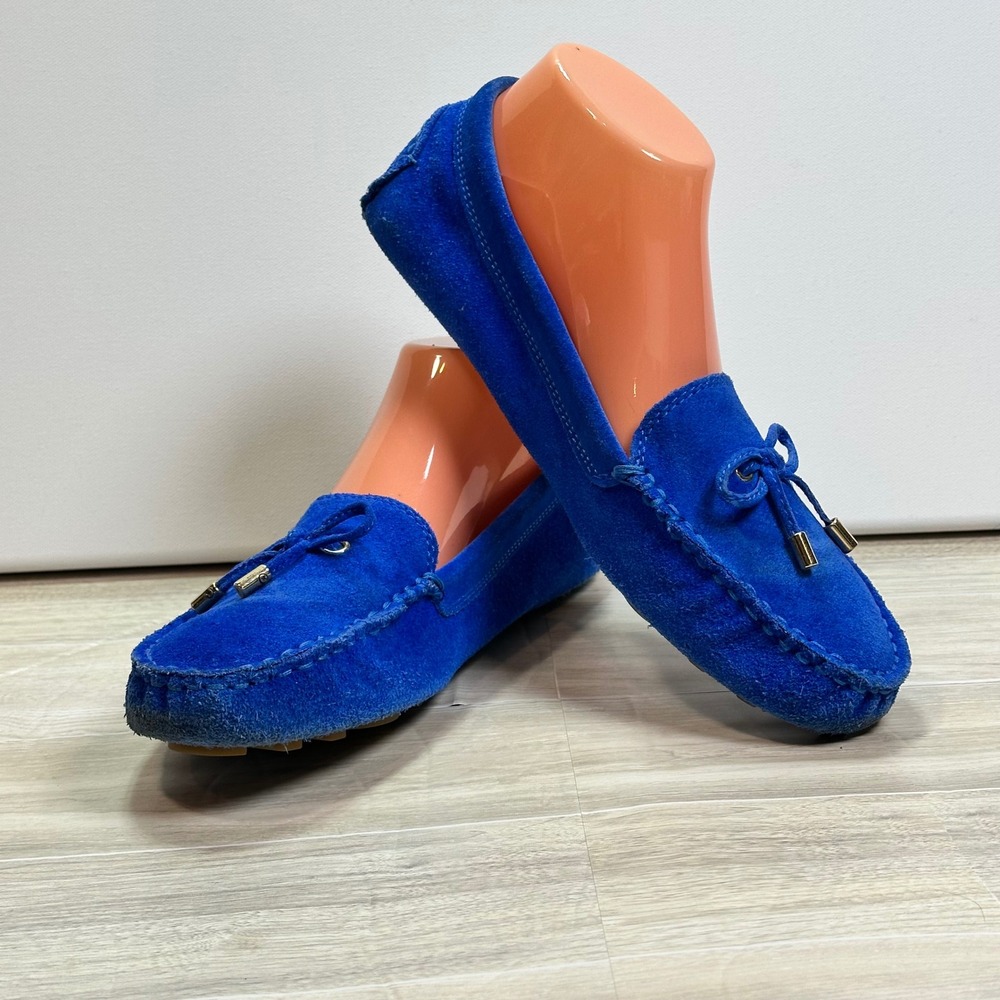 C Wonder Iris Driving Mocs Blue Suede Loafers Gold Hardware Size 9